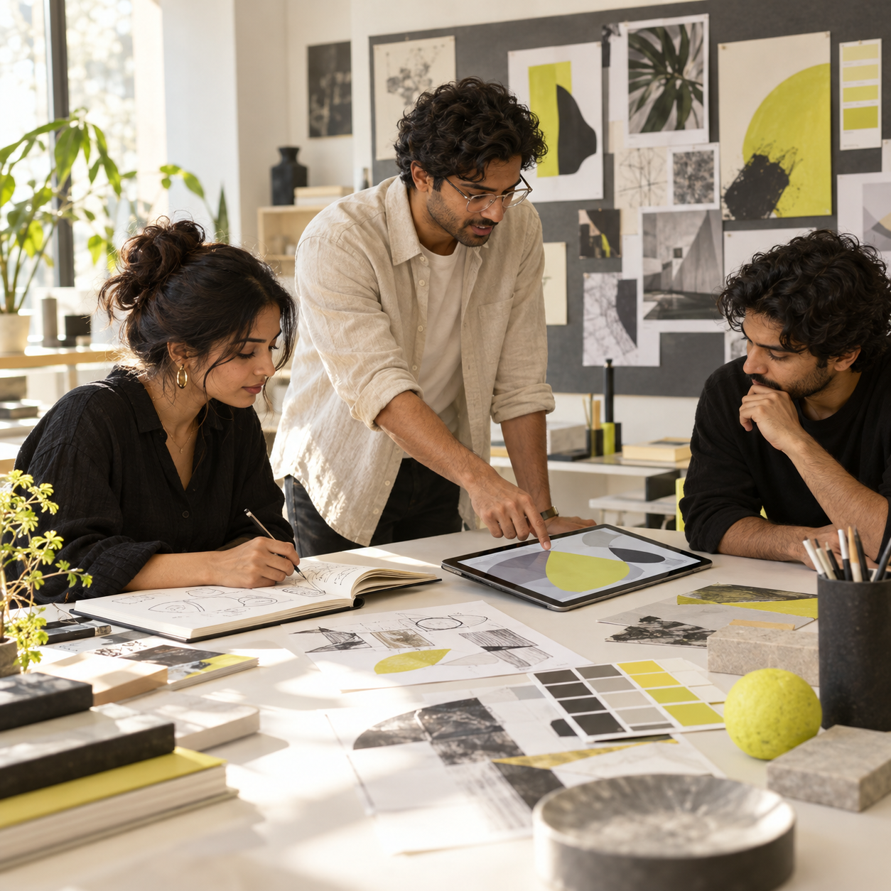Conceptual illustration of Indian creative professionals combining design sketches and digital tools in a collaborative studio