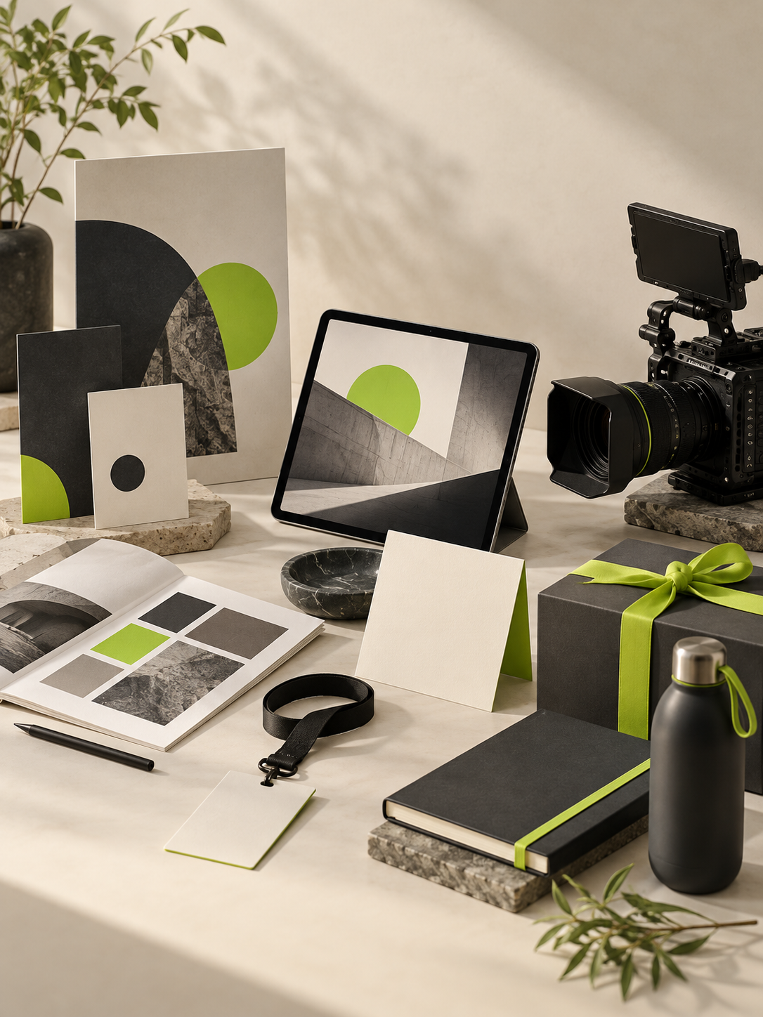 Illustrative studio arrangement of brand layouts, design tools, a film camera, event materials and personalized gifts