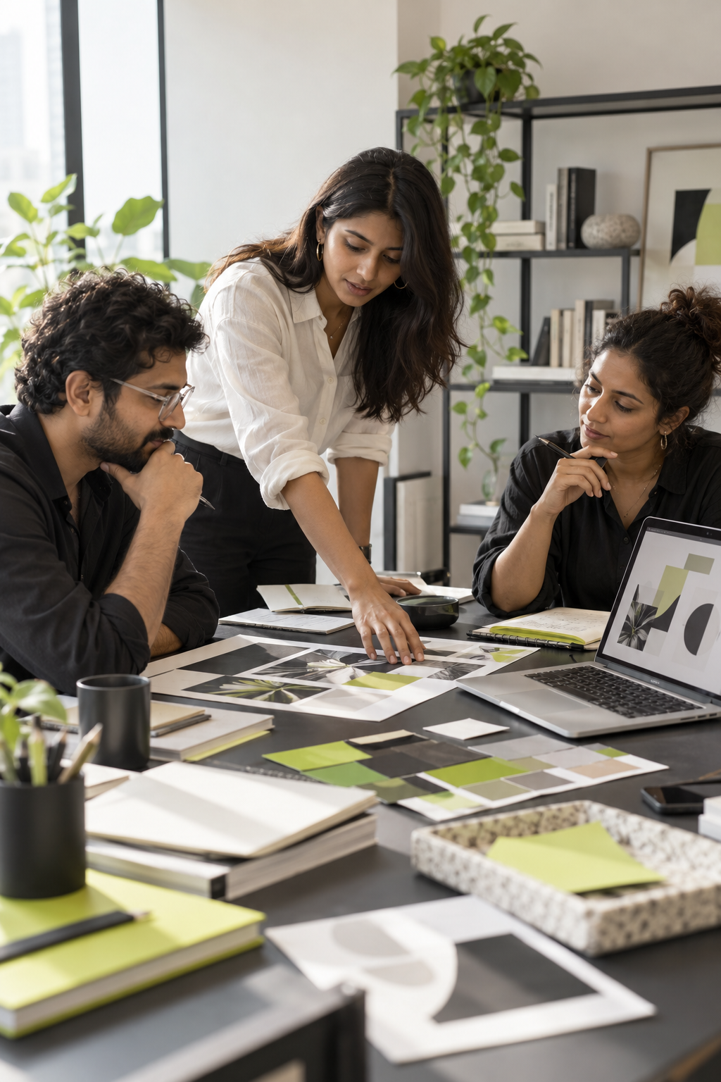 Illustrative scene of Indian creative professionals collaborating on brand strategy and design